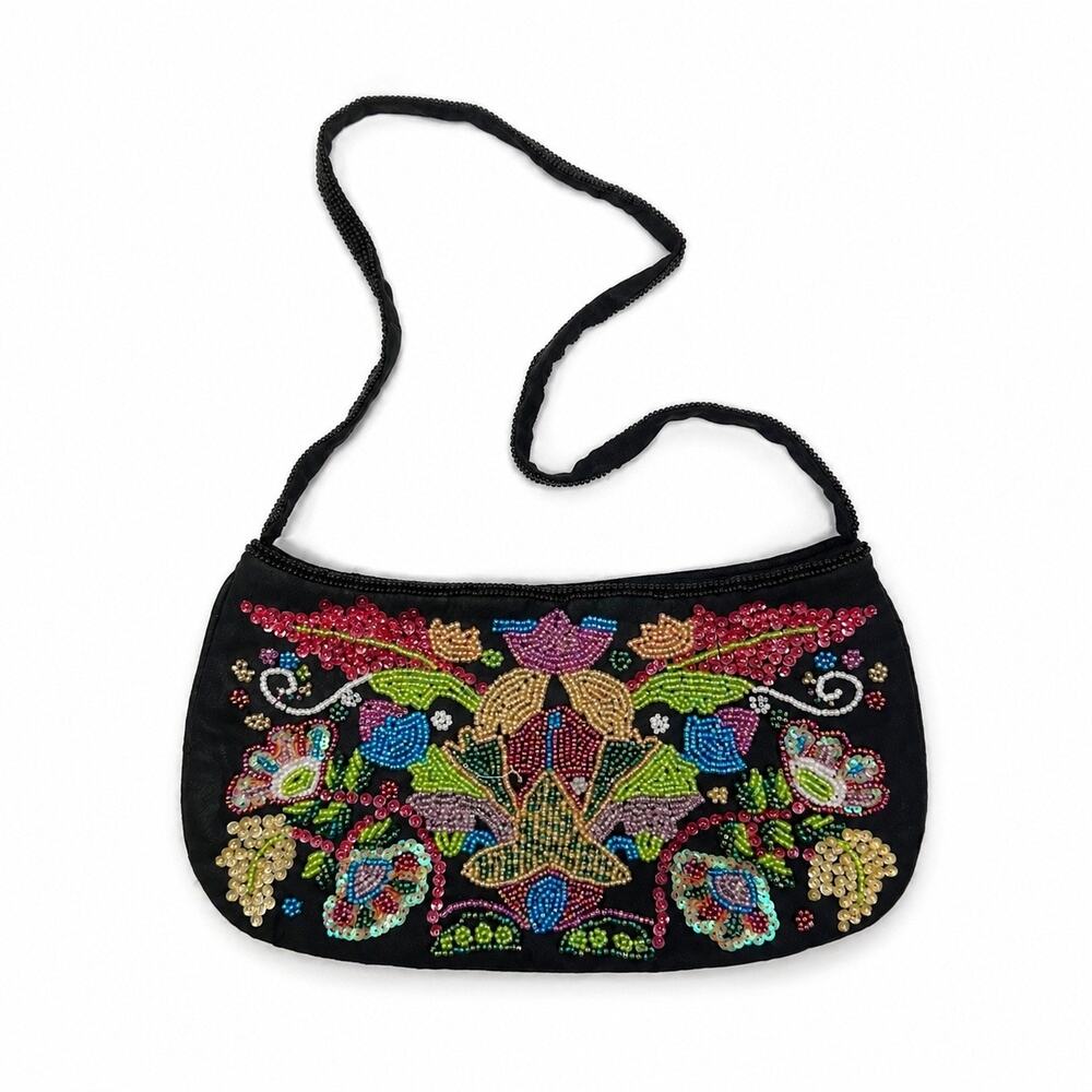 Floral Sequin Beaded Mini Shoulder Handbag Black